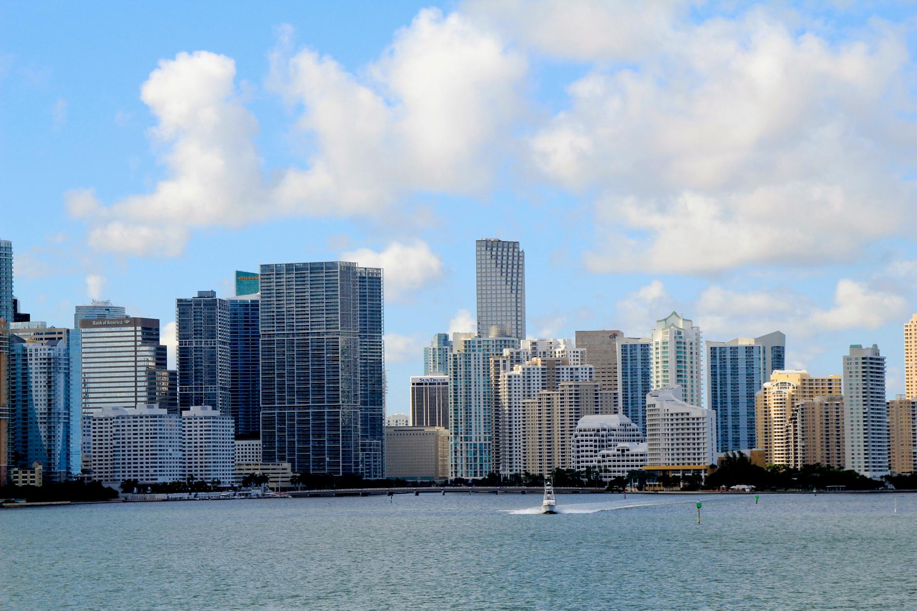Downtown Miami's skyscraper-lined skyline rises along Biscayne Bay