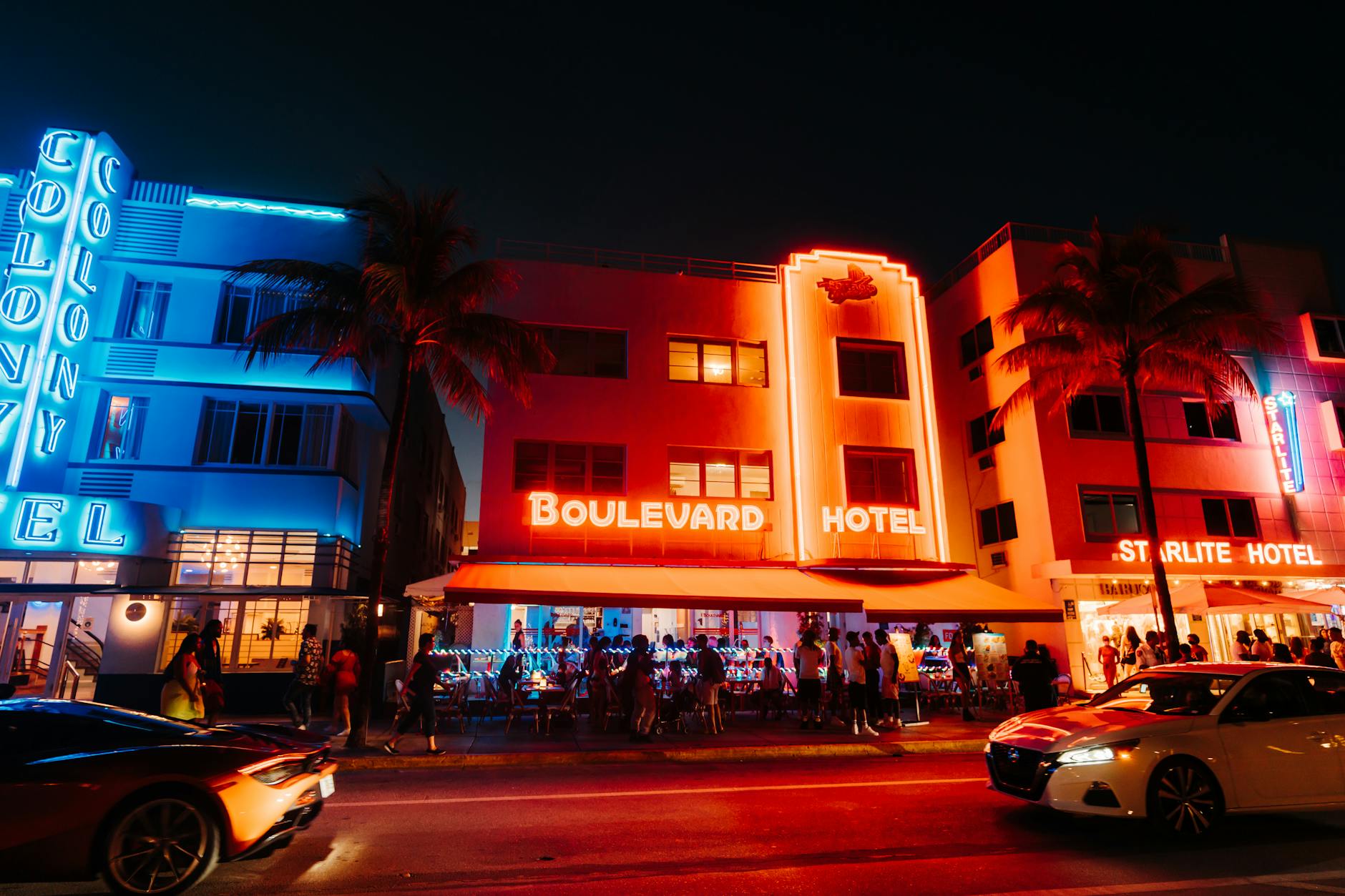 Ocean Drive South Beach Miami glowing neon at night