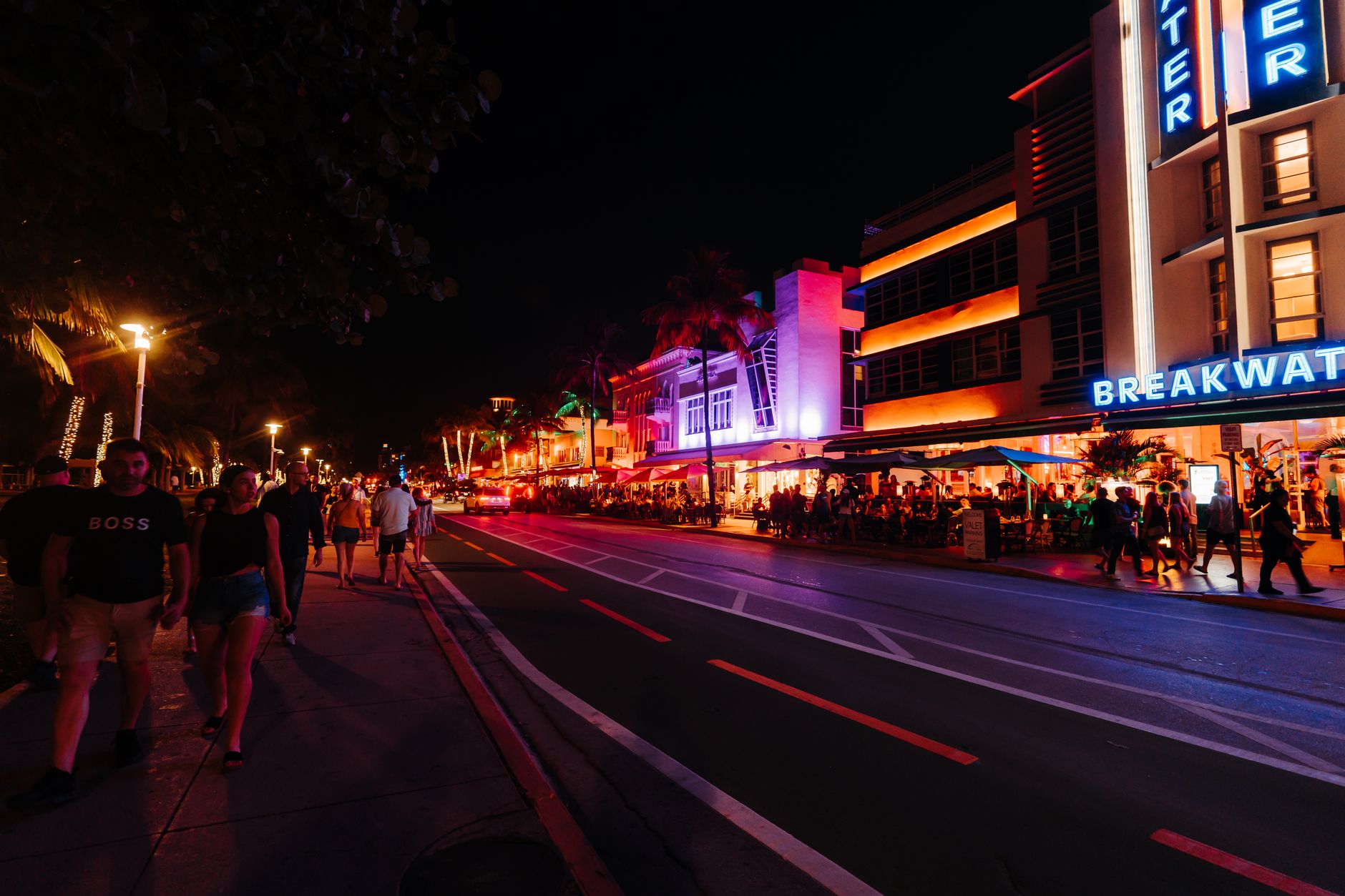 Neon-lit Miami street at night in the nightlife district