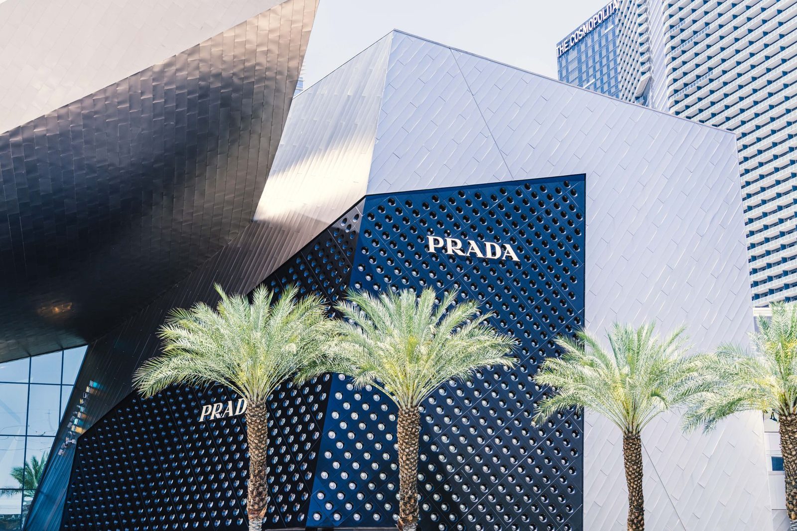 open air luxury shopping street lined with palms