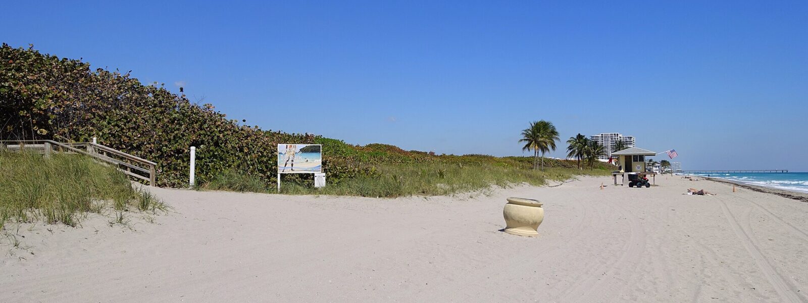 A Dog Beach welcome sign beside sea grape dunes on a wide sandy beach in Hollywood, Florida, with a lifeguard stand and palms beyond